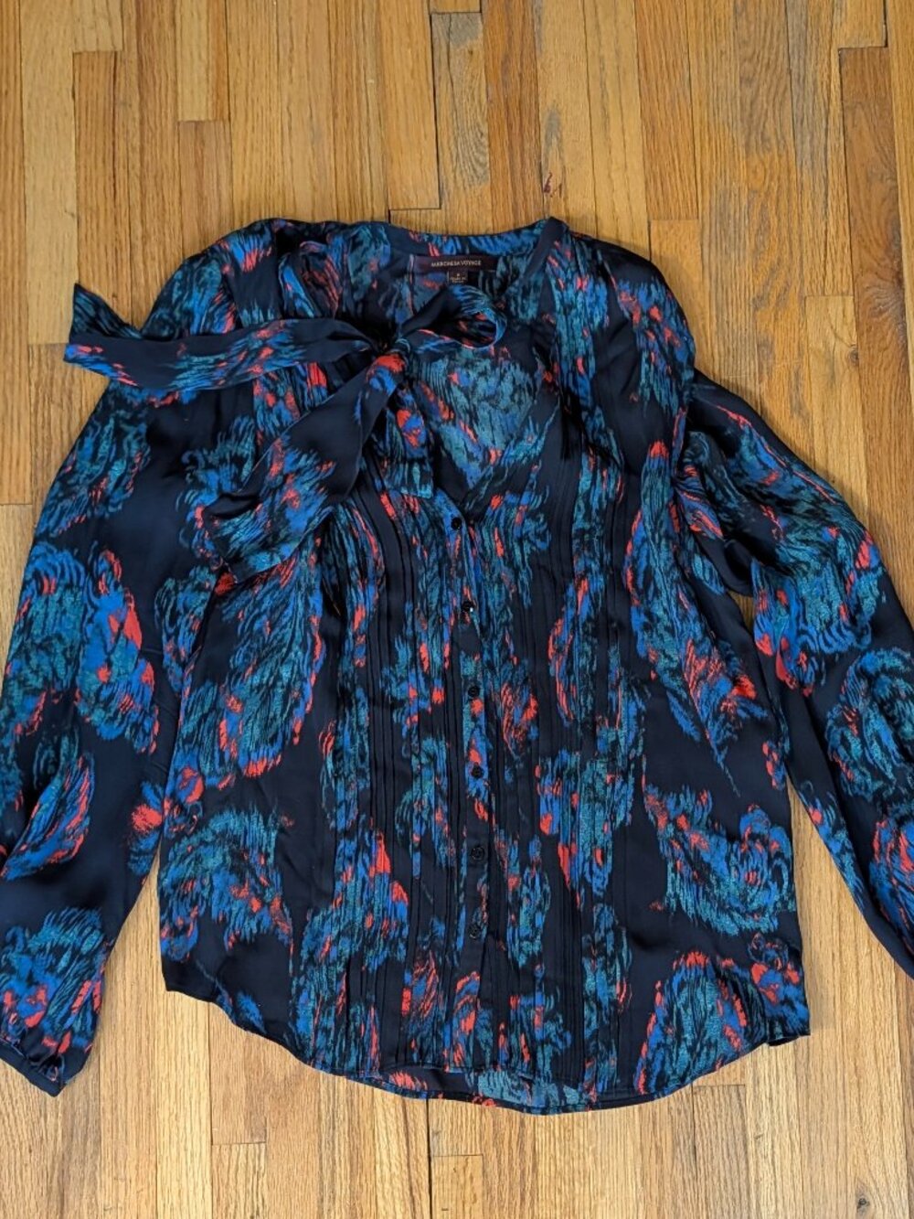 Marchesa Voyage 100% Silk Tie Neck Pleated Blouse